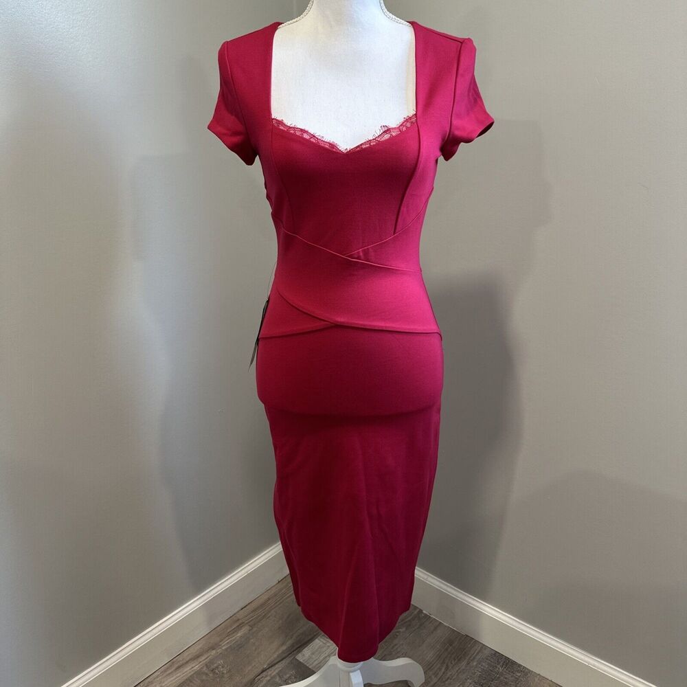 NWT Bebe Sweetheart Neck Lace Trim Glam Bodycon Midi Dress Pink Women's Size XS